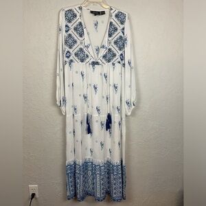 Ananda’s Collection Blue White Peasant Boho Tunic Dress Cover Up Size Medium